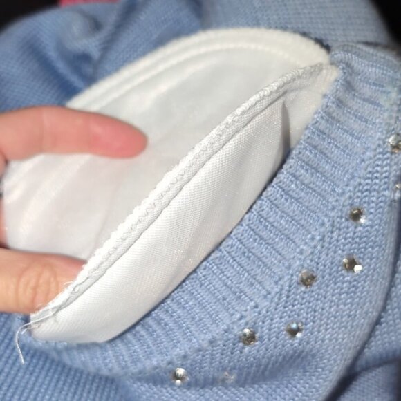 Vintage 80s Jewel Neck Sweater Knit Pullover Soft Blue Embellished Tunic - Picture 14 of 16